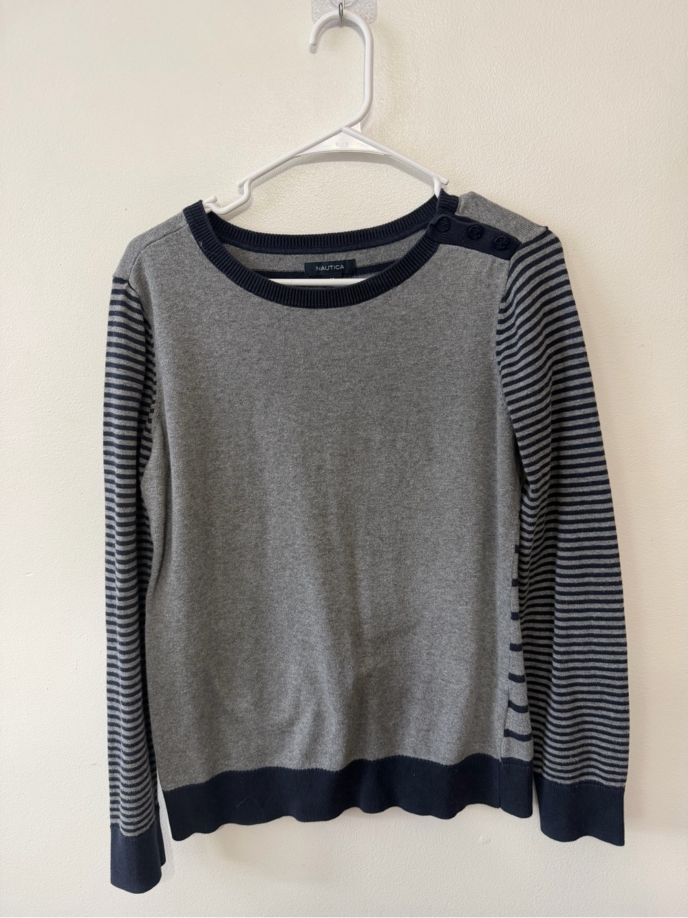 Nautica women’s Gray and Navy Striped Crewneck Sweater
